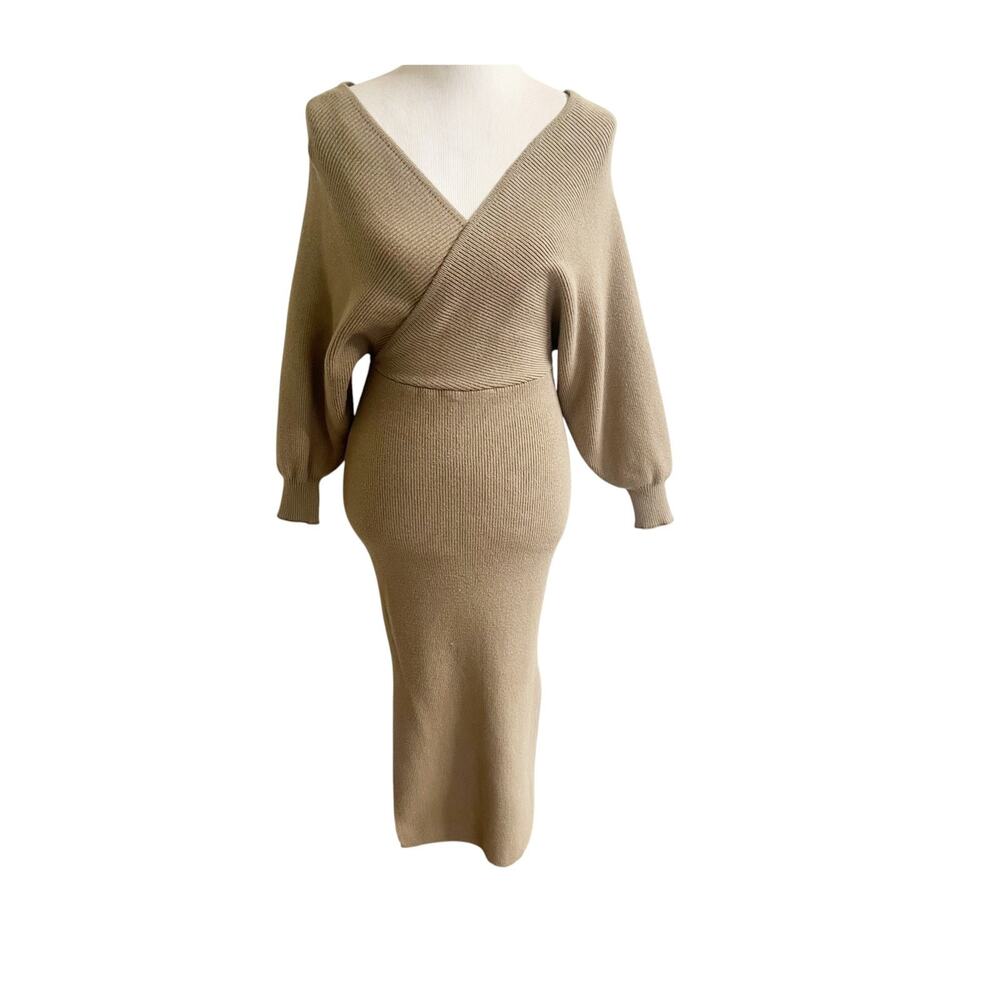 Petal & Pup Midi Sweater Dress Women's 6 Beige Ribbed Knit Batwing Sleeve Party